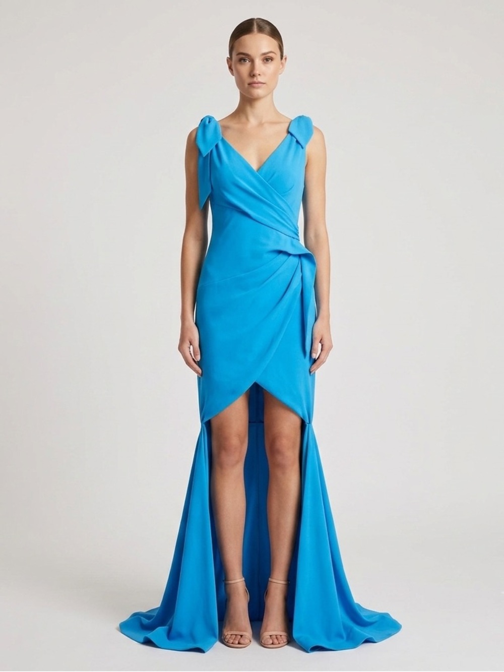 Moschino Couture Silk Blue Draped Hi Lo Evening Gown Dress IT44 US10 NWT Defects